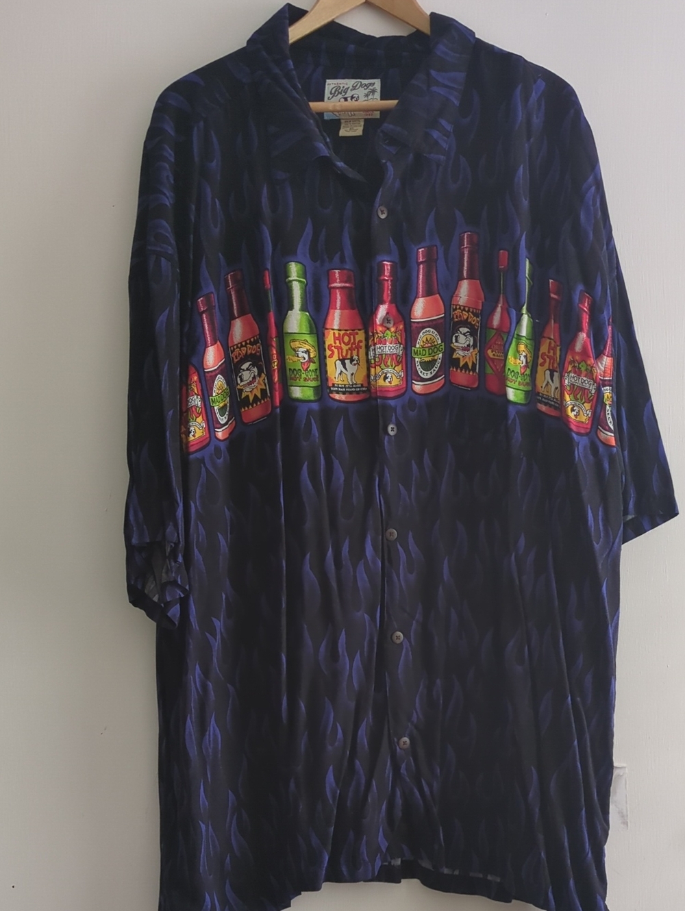 Big Dogs Navy Short-Sleeve Button-Up with Hot Sauce Bottle Print